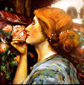 "my sweet rose" - doek 15x15 cm Acryl (naar detail van William Waterhouse)